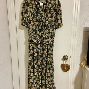 VTG 80s Leslie Fay floral midi dress w/ pockets & belt women’s size 14 secretary